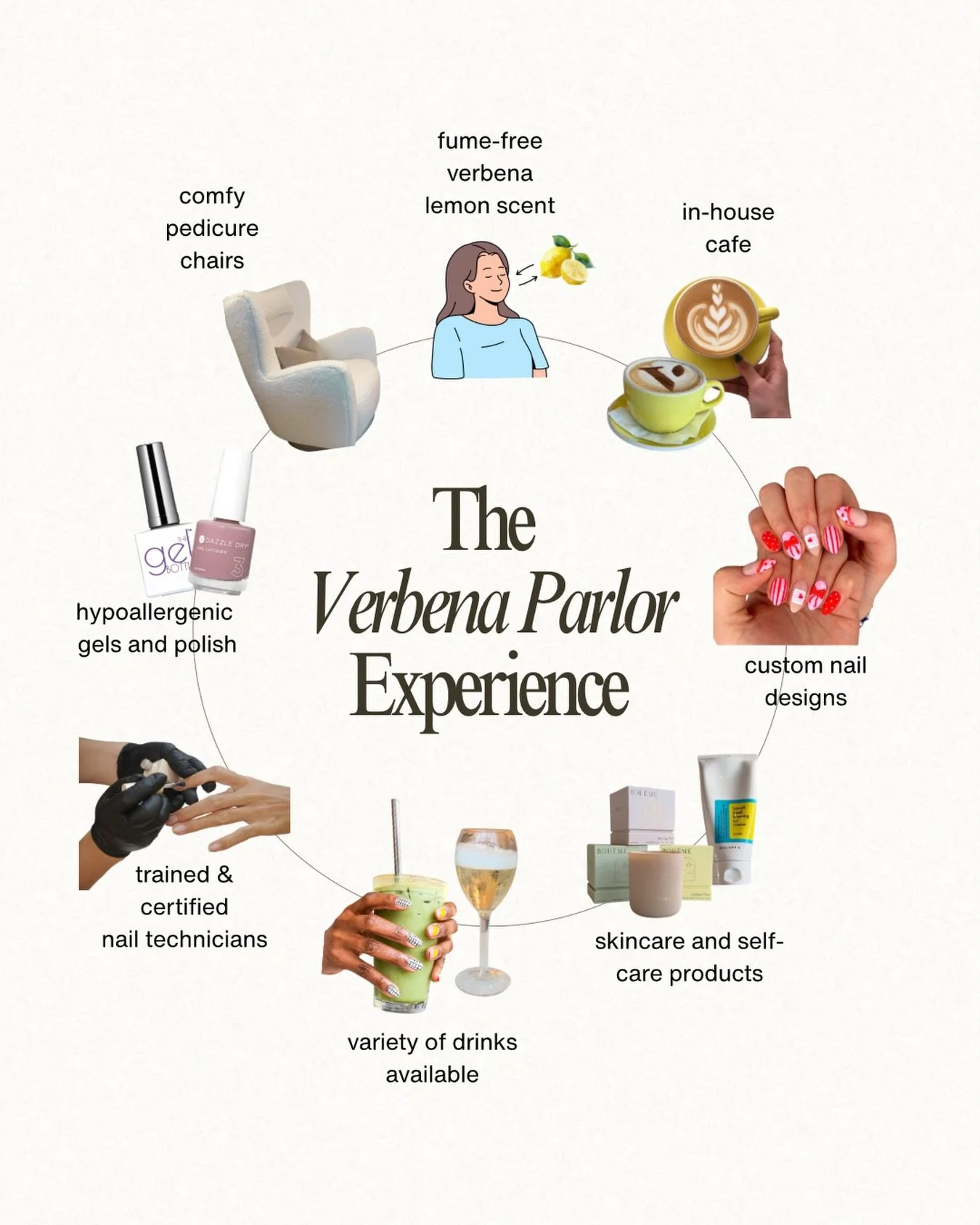 This is not just a nail appointment. It&rsquo;s a Verbena Parlor experience 🍋✨

From comfy chairs and a fresh lemon scent to an in house caf&eacute;, custom nail designs, and toxic free products, every detail is intentional. Whether you&rsquo;re her
