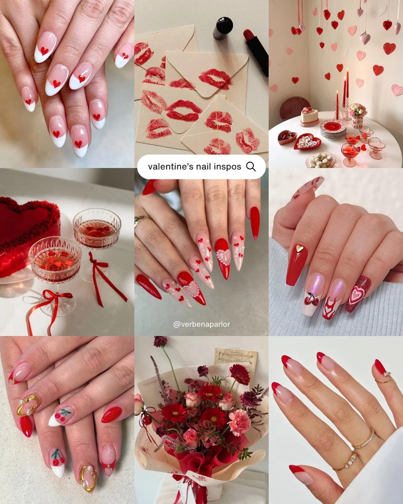 If Valentine&rsquo;s had a nail moodboard, this would be it 💘 From flirty heart accents to clean red tips, these designs are made to match every kind of love story&hellip; including self love.

All designs shown are by our Verbena artists. Save your