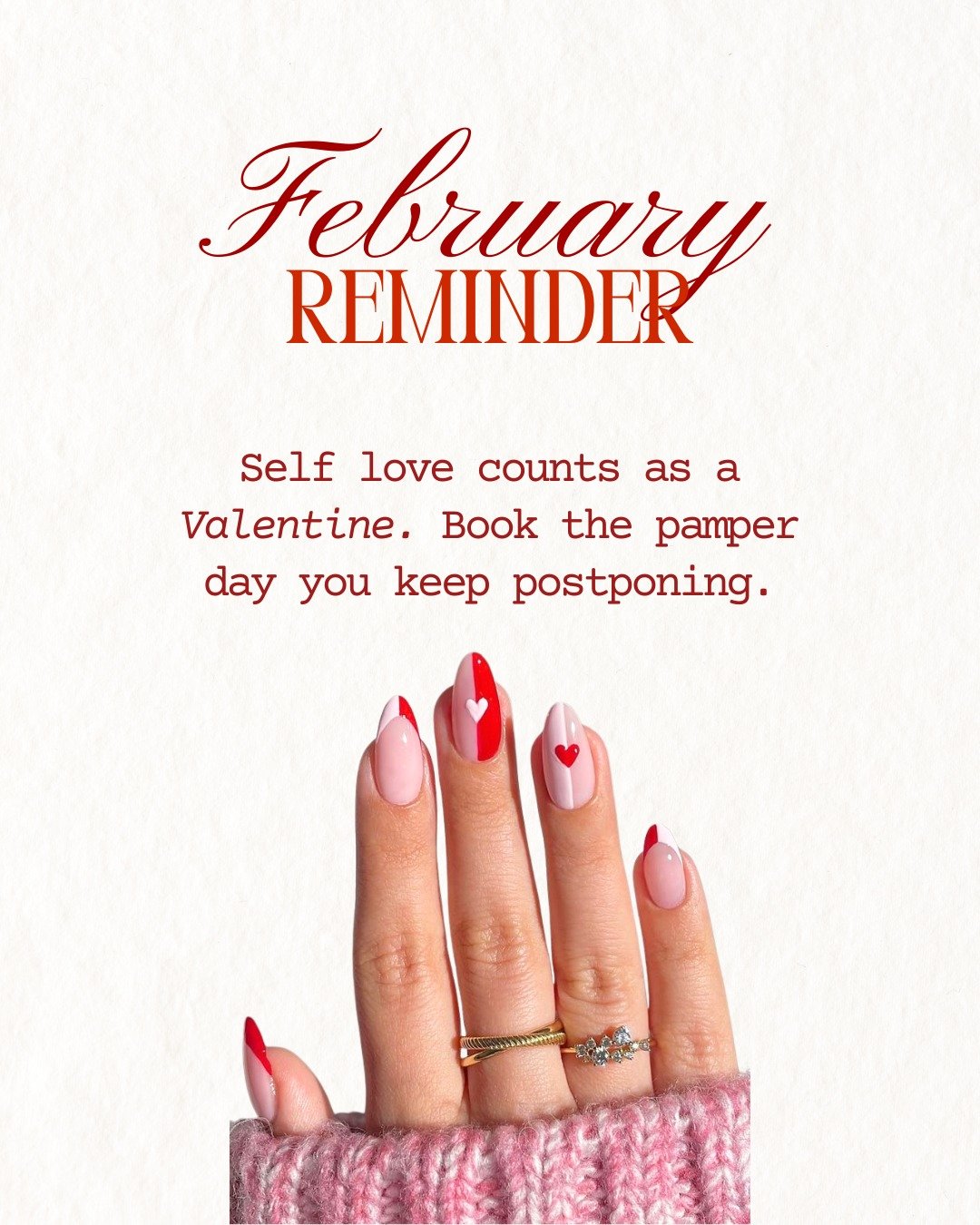 Self love absolutely counts as a Valentine&rsquo;s Day plan. 💖

If you&rsquo;ve been waiting for a sign to finally book that pamper day you keep pushing off&hellip; this is it.

Heart inspired nails, a fresh mani pedi, or a quiet moment to yourself 