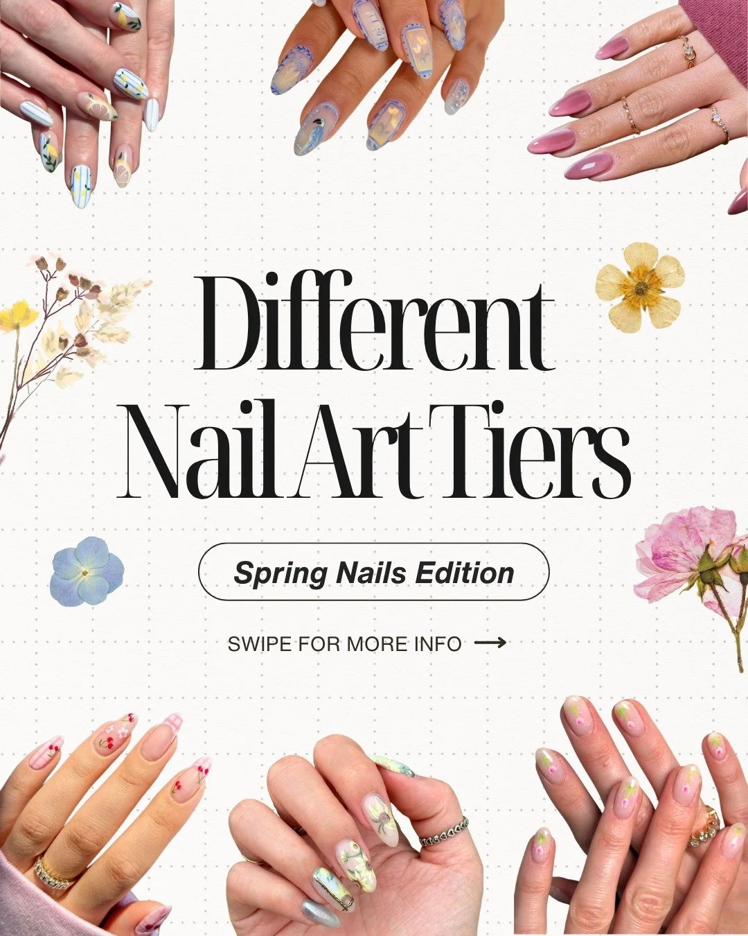 🌸 Learn the different nail art tiers, spring design edition! 🌸  We&rsquo;ve organized our nail art tiers so you can easily match your inspo to the right level. ✨

𝗧𝗶𝗲𝗿 𝟭
Soft and minimal. One color chrome, cat eye, or small detailed accents on