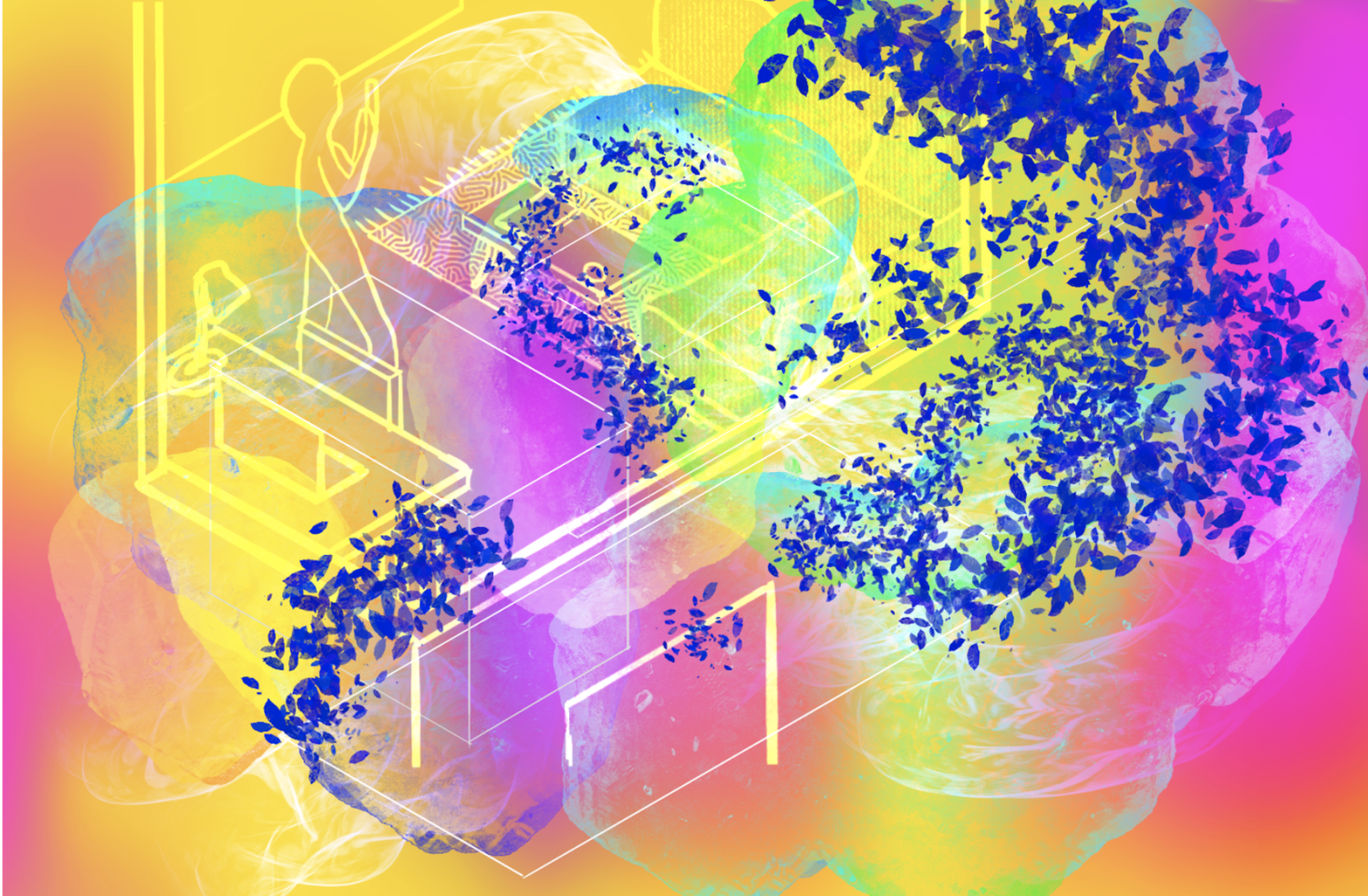 Blips of the Universe by Jessy Escobedo. A digital print of vibrant swirling colors over and across a neon line drawing of a figure in a bedroom.