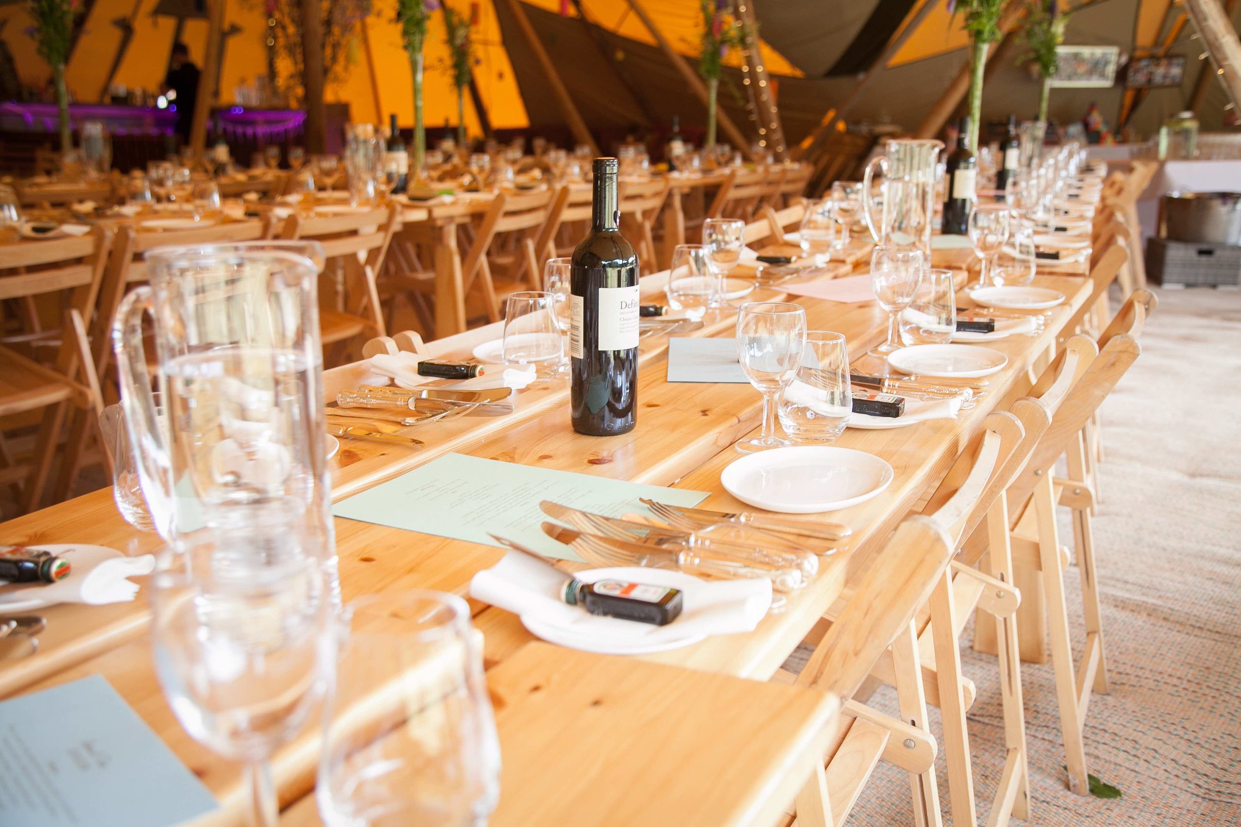  Dining tables and chairs for your wedding, party or corporate event can be hired as part of your package with our giant tipi tents, including all linen. 