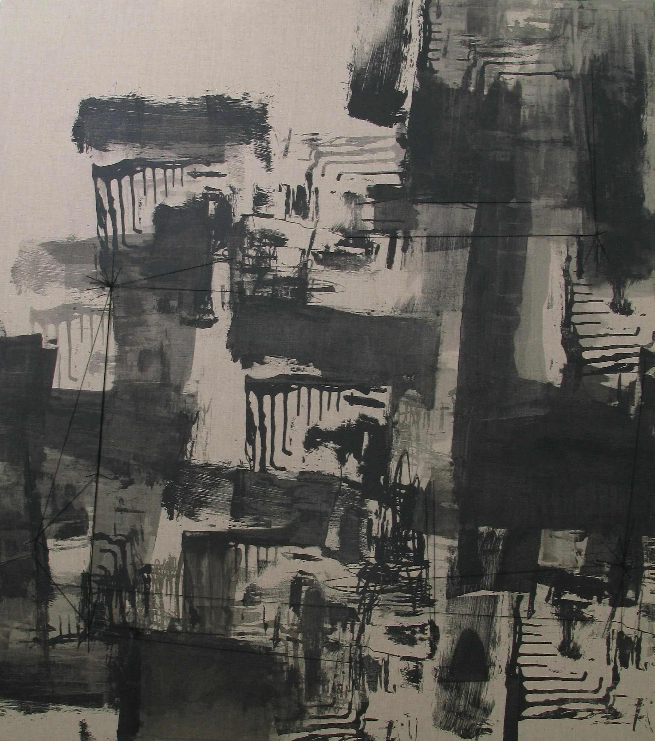 Impossibility of Repetition , 165 x 148 cm, silkscreen ink and thread on linen, 2007, Private Collection UOB Painting of the Year, Highly Commended Entry, Abstract category, 2007