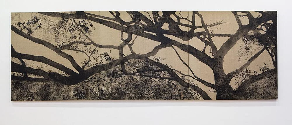 Conversations with trees 2012, silkscreen paint on linen, 450cm by 150cm. Collection of Mr Toh Ee Loong