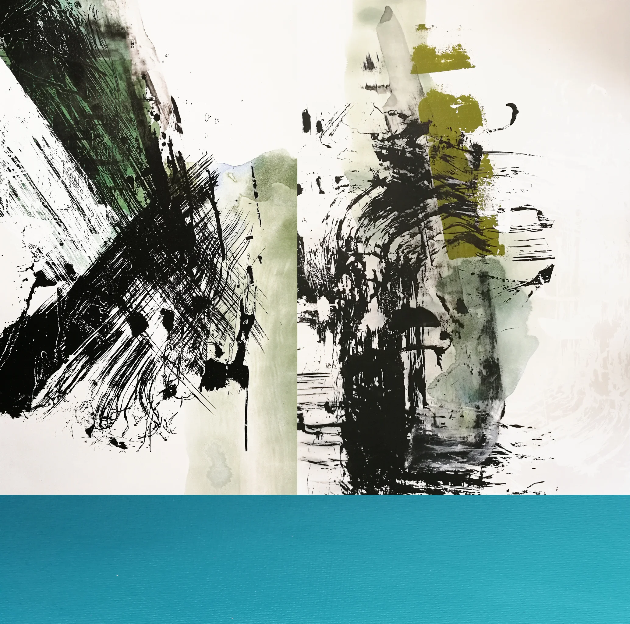 Composition #2 Triptych with Turquoise Stripe , 127 x 130 cm, silkscreen paint and pigments on linen, 2018