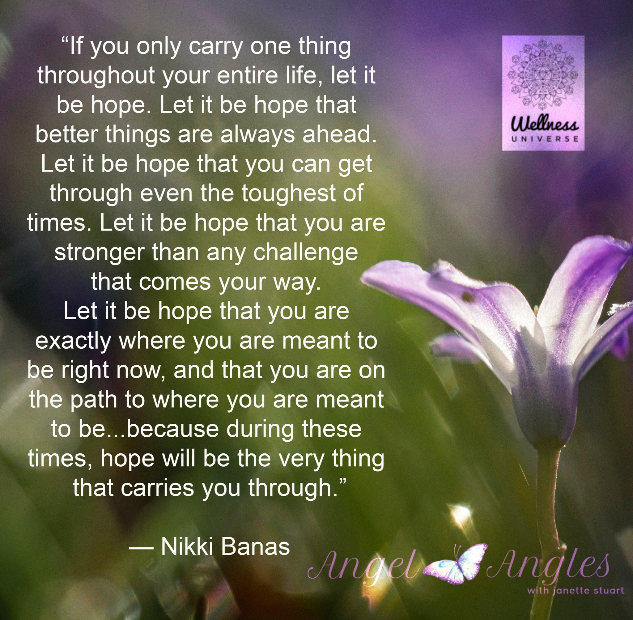 Let it be hope! Enjoy this beautiful quote about HOPE by Nikki Banas. 

‪&ldquo;If you only carry one thing throughout your entire life, let it be hope. Let it be hope that better things are always ahead. Let it be hope that you can get through even 