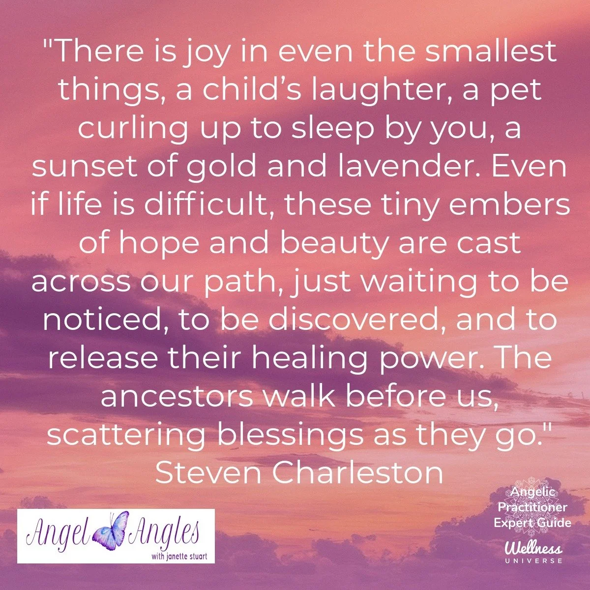 &quot;There is joy in even the smallest things, a child's laughter, a pet curling up to sleep by you, a sunset of gold and lavender. Even if life is difficult, these tiny embers of hope and beauty are cast across our path, just waiting to be noticed,