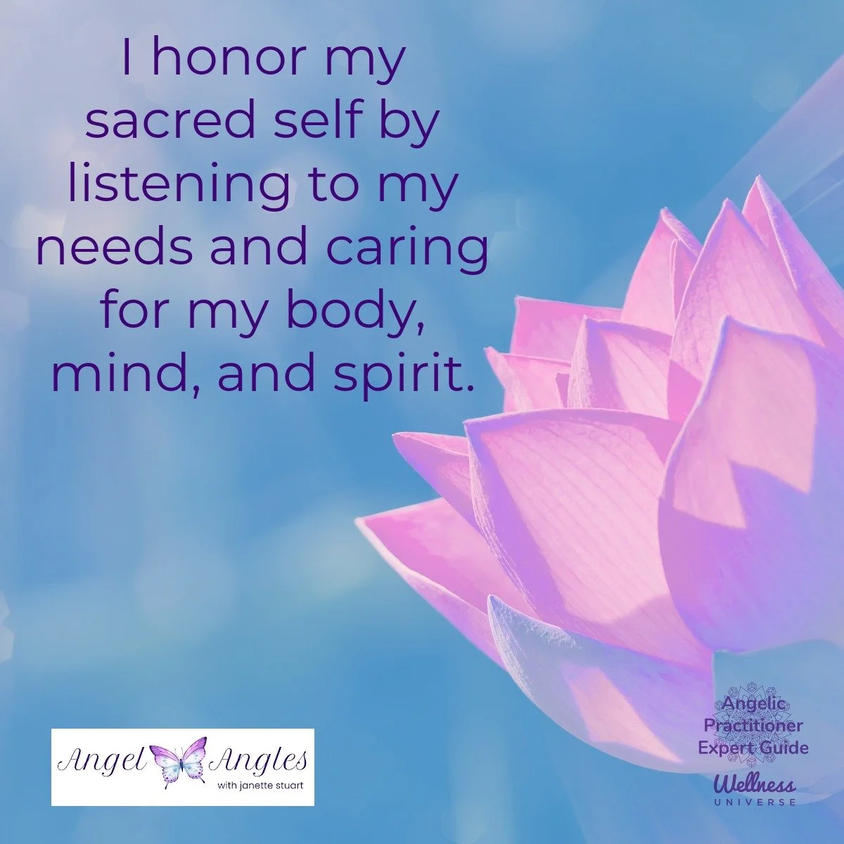 Hello and happy Sunday, April 19, 2026. Here's your Angel Affirmation of the Day. 

I honor my sacred self by listening to my needs and caring for my body, mind, and spirit. 

Yes, amen, and so it is. 

Blessings of love, joy, and peace.
Love,
Janett