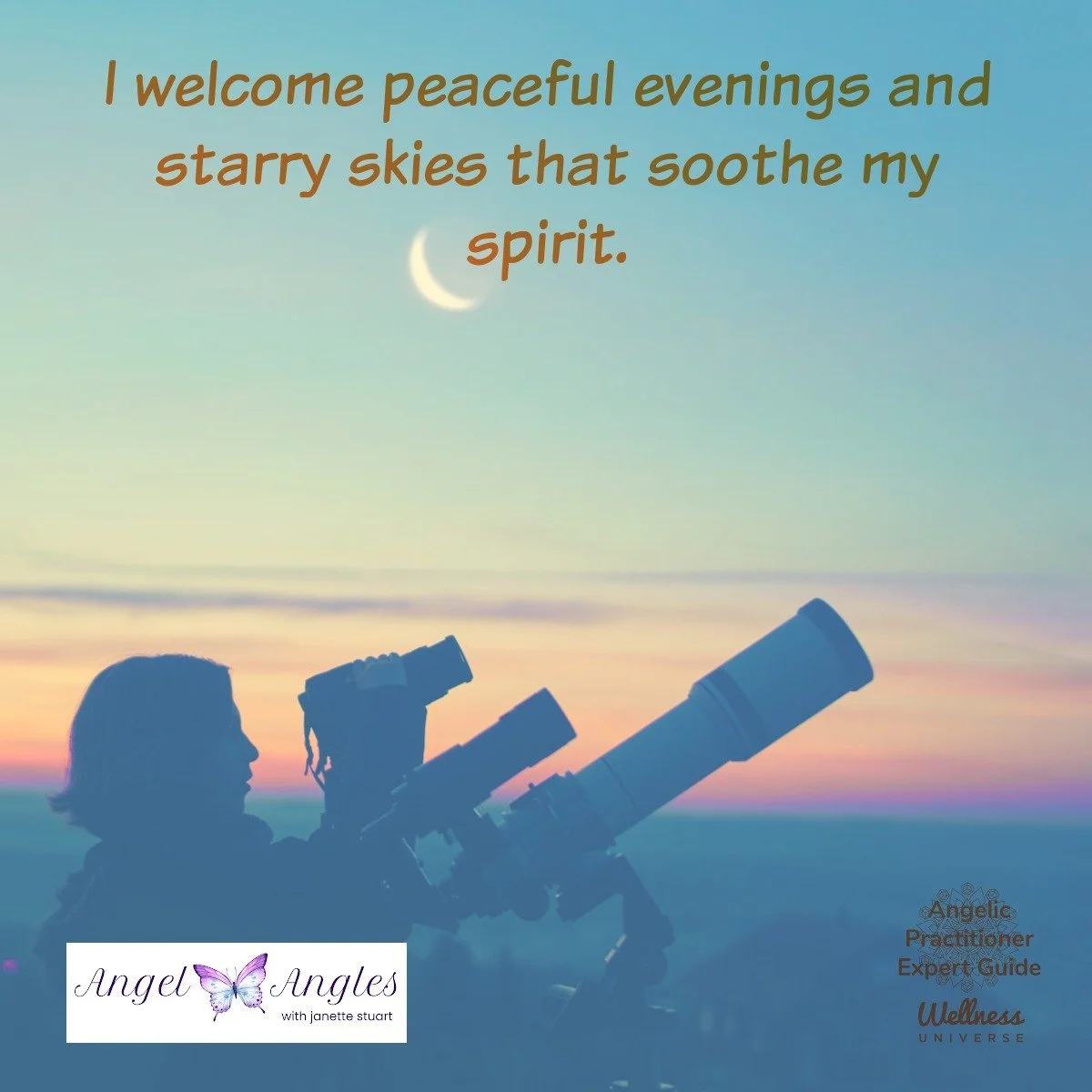 Hello and welcome to your Angel Affirmation for Thursday, June 11, 2026. 

I welcome peaceful evenings and starry skies that sooth my spirit. 

Blessings of love, joy, and peace.
Love,
Janette 
.
.
#WUWorldChanger #AngelAffirmations #PeacefulEvenings