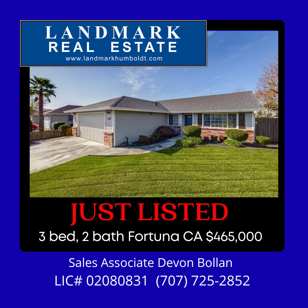Just Listed! Newer roof, newer exterior paint, 3 bed, 2 bath, Fortuna CA! $465,000! Call Sales Associate Devon Bollan at Landmark (707) 725-2852 for more info.

LIC# 02080831

#forsale #homeownership #realtor #realestate #fortunaca #eelrivervalley #h