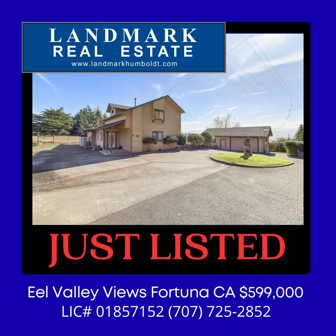 Eel River Valley Views. Vaulted ceilings, hardwood flooring, dining area, 3 bed, 2 bath, approx. 2300 sq. ft., office nook, laundry room, detached 2 car garage, bed/bathroom in garage, spacious decking, solar and generator, circle driveway, approx. 2