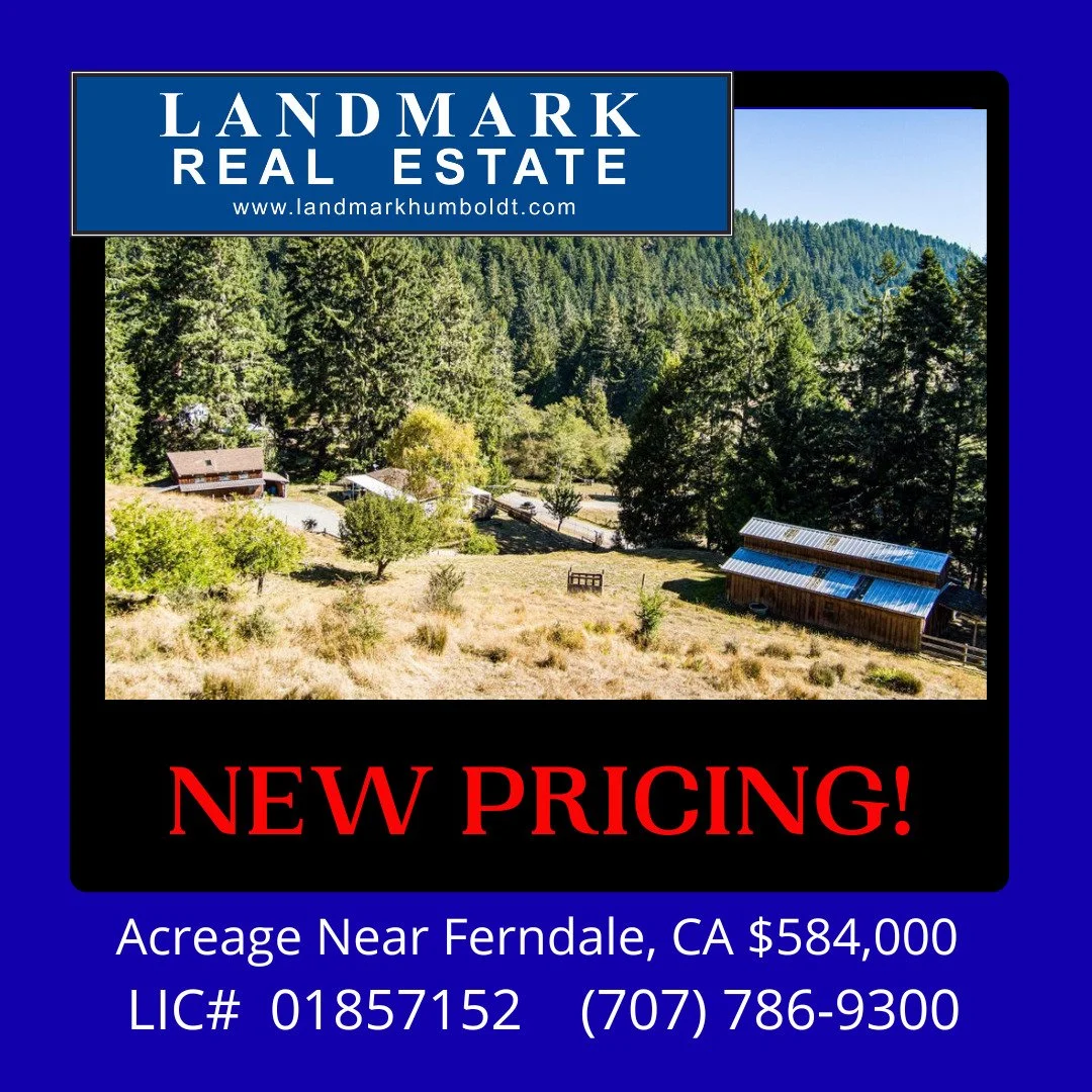New Pricing! Acreage Near Ferndale, CA. Covered front porch, woodstove, dining area, 3 bed, 2 bath, approx. 1400 sq. ft., MFG home, laundry room, covered deck, detached 2 story shop, 3 stall barn, tack room and hayloft, pasture and timber, approx. 4 
