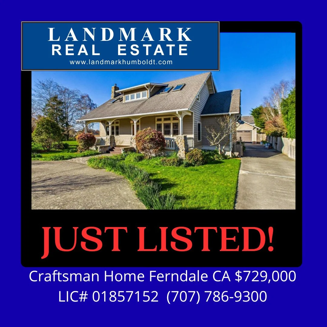 Ferndale, CA Craftsman Home. Covered porch, hardwood flooring, fireplace with insert, soapstone countertops, dining area, 3 bed, 2 bath, heated tile floors, office space, bonus room, approx. 2300 sq. ft., laundry room, deck and patio areas, detached 