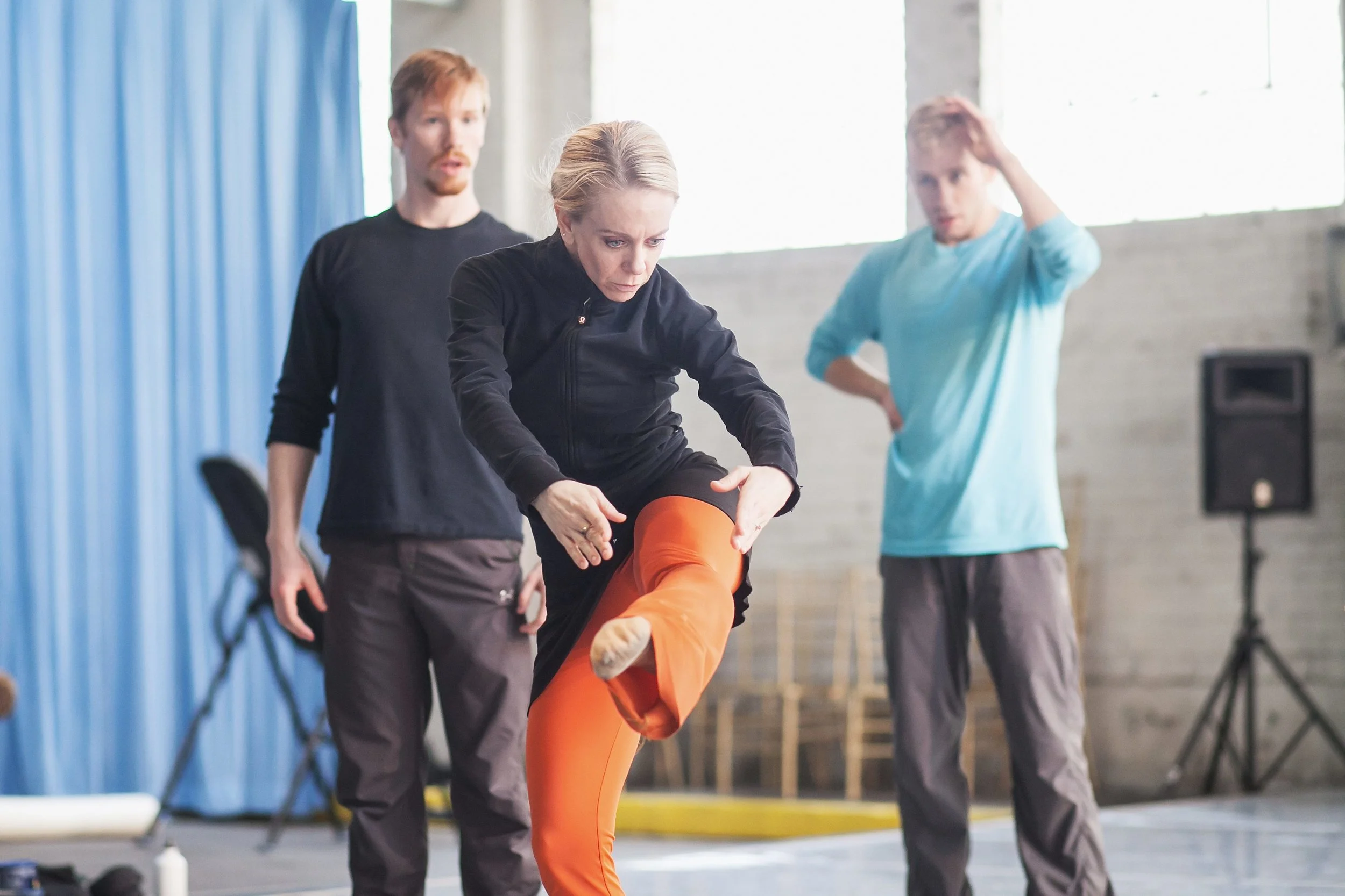 Wonderbound's Sarah Tallman, Conner Horak and Ben Youngstone rehearsing Sarah Tallman's, "I Didn't Hear You, I Was With The Fairies." Photo by Amanda Tipton. 2018