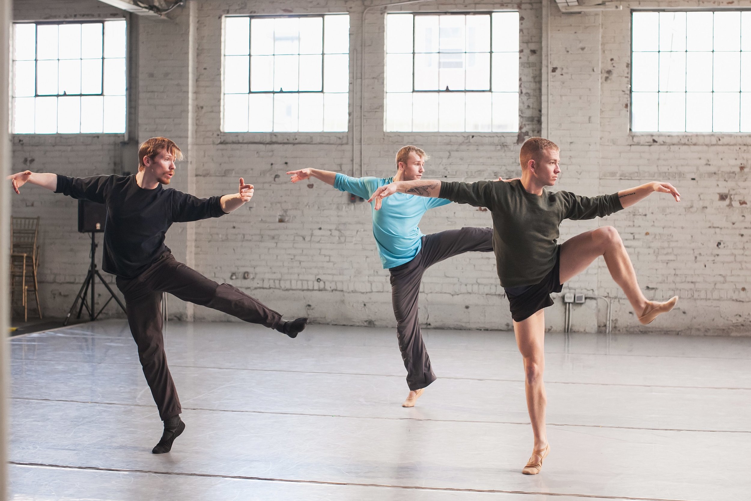 Wonderbound's Evan Flood, Ben Youngstone and Conner Horak rehearsing Sarah Tallman's I Didn't Hear You, I Was with the Fairies . Photo by Amanda Tipton. 2018.