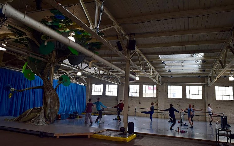 Wonderbound dancers rehearsing among the set for Garrett Ammon's Snow with Jesse Manley and His Band. Photo by Erica Prather. 2016.