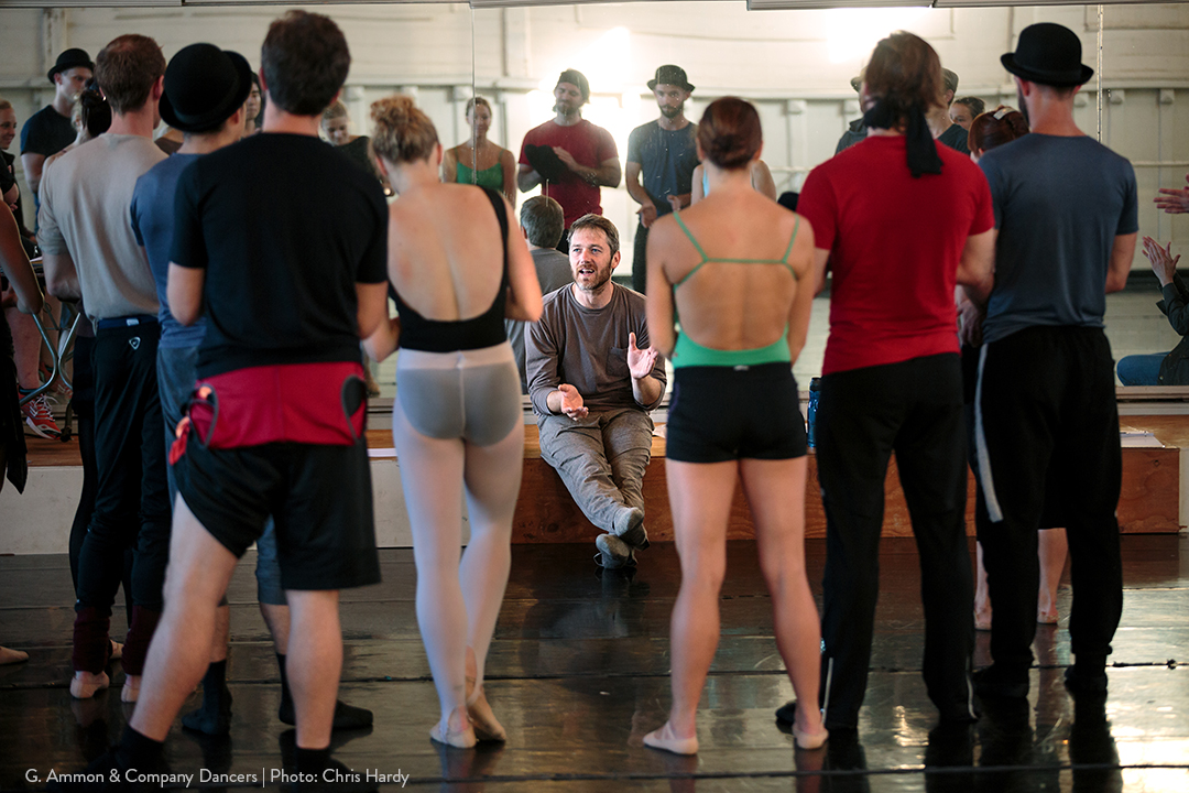 Wonderbound's Garrett Ammon speaking with Smuin dancers at Smuin dance studio. Photo by Chris Hardy. 2017.