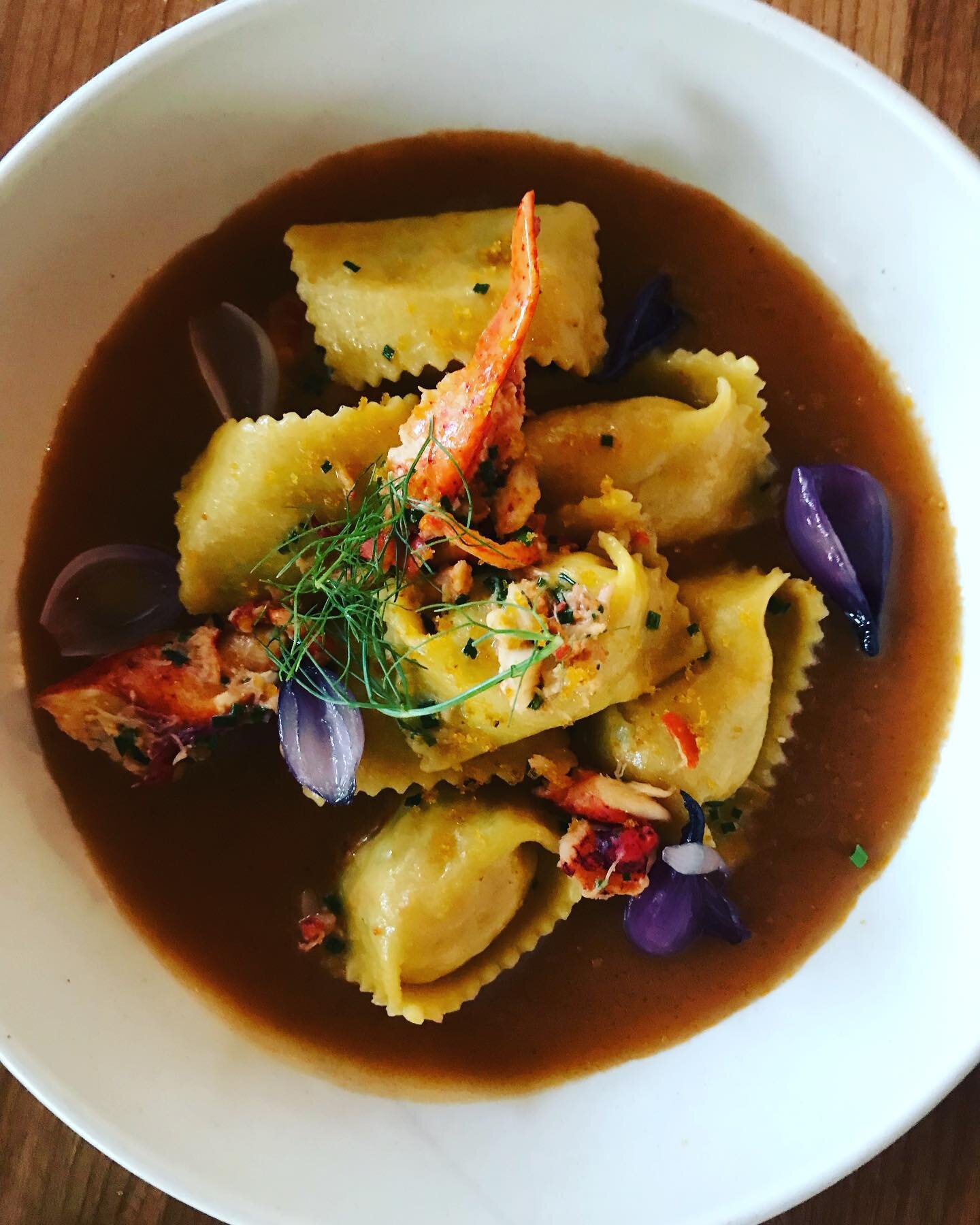 Housemade agnolotti pasta stuffed with lobster swimming in rich shellfish stock sauce enriched with bottarga and a whiskey deglaze 😋🦞🙌sampled for @charlestonlivingmagazine writeup! #eatlocal #farmtotable #freshonthemenu #chseats #chseatslocal