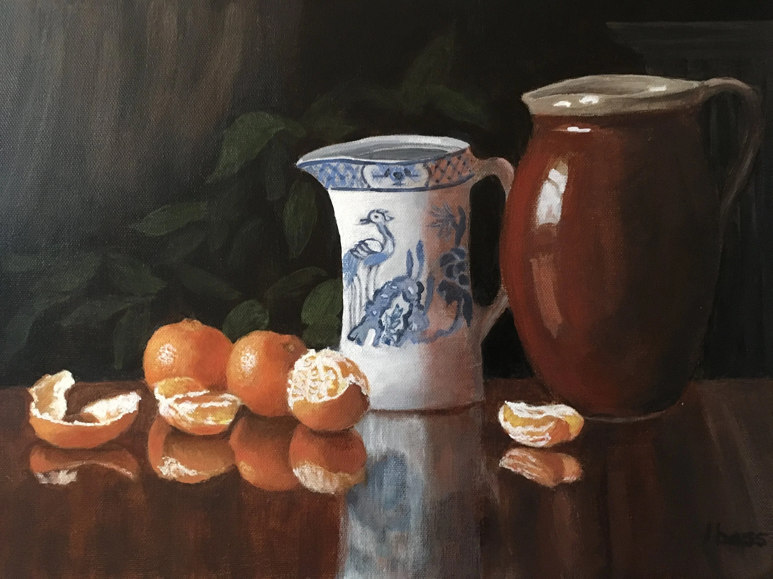 Oranges and Pitchers, 12" x 16", 12/15/2018, based on an original image and tutorial by Will Kemp, www.willkempartschool.com
