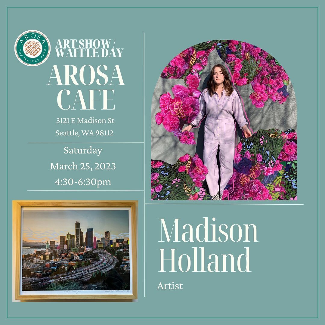Seattle people! Do you want to see my work IRL instead of on a tiny screen? Do you want to listen to cool music and eat waffles and support a wonderful local business? INCREDIBLE! Come to @arosacafe cafe tomorrow Saturday 3/25 from 4:30-6:30! I&rsquo