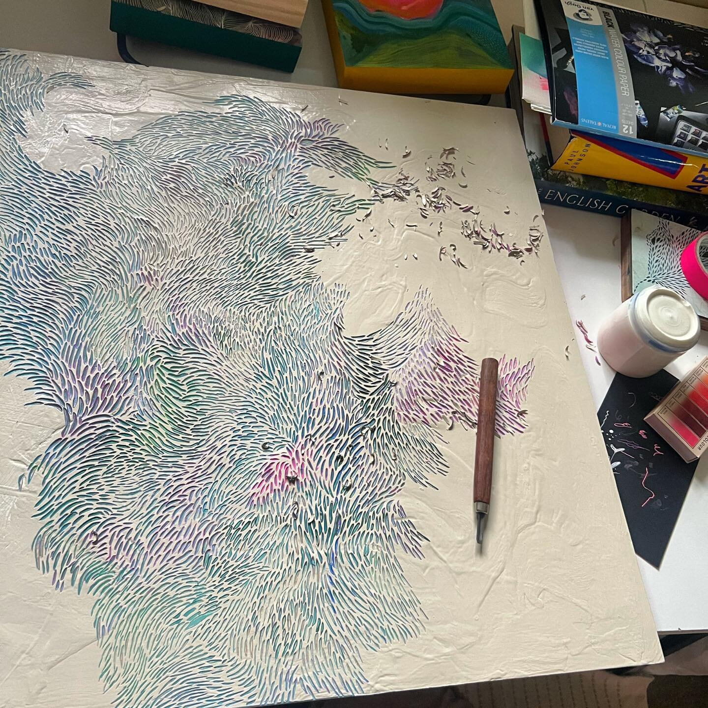 This morning&rsquo;s chaotic desk shot. Chipping away ever so slowly at this big carved piece and working on a few minis- it&rsquo;s helpful for me to have a few things going at once and sometimes the rain makes me a leeeetle more productive. We shal