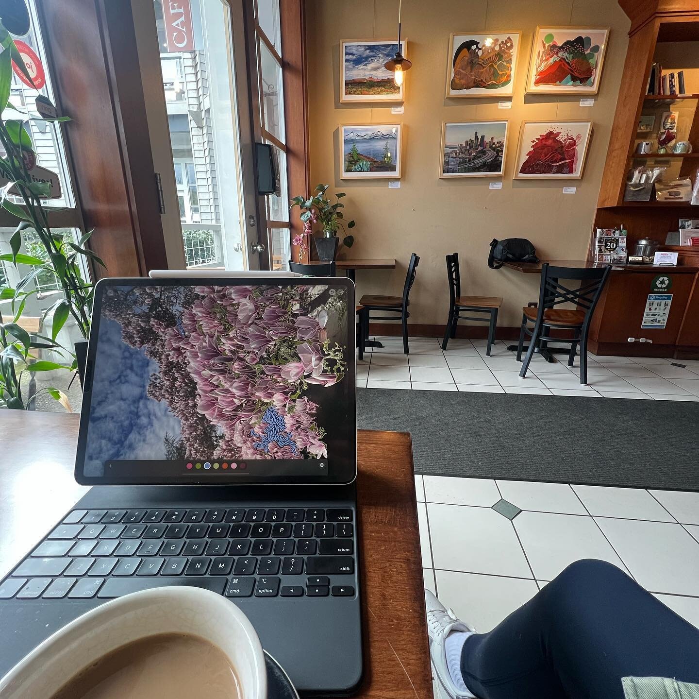 I spent some time the other day with a coffee and a yummy sandwich at @arosacafe. I worked on a new digital drawing (MAGNOLIAS!) AND chatted with some lovely neighbors, it always makes my day a little better after popping in there. My work is on view