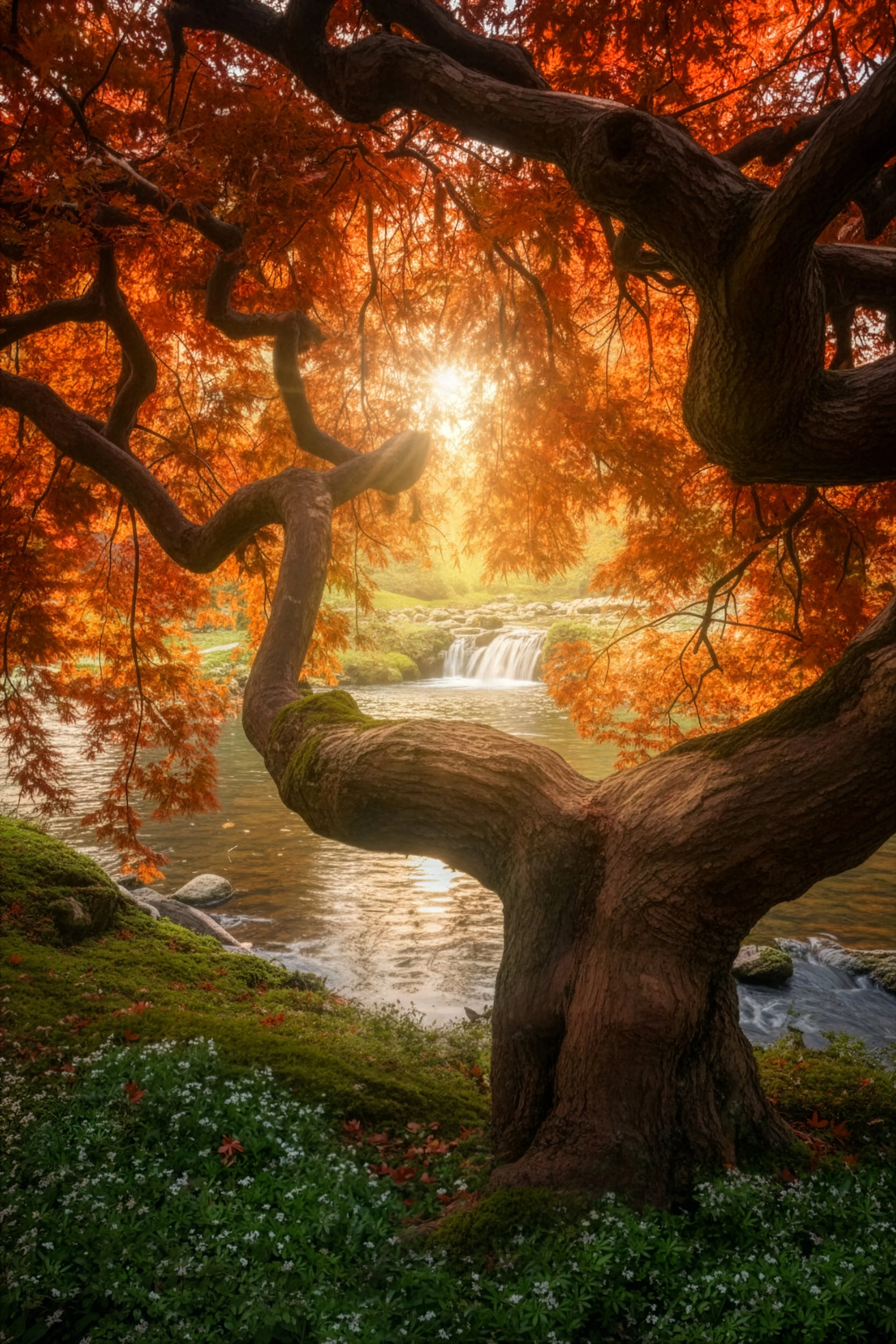  Large mature red laceleaf maple in the foreground looking through to a waterfall. 