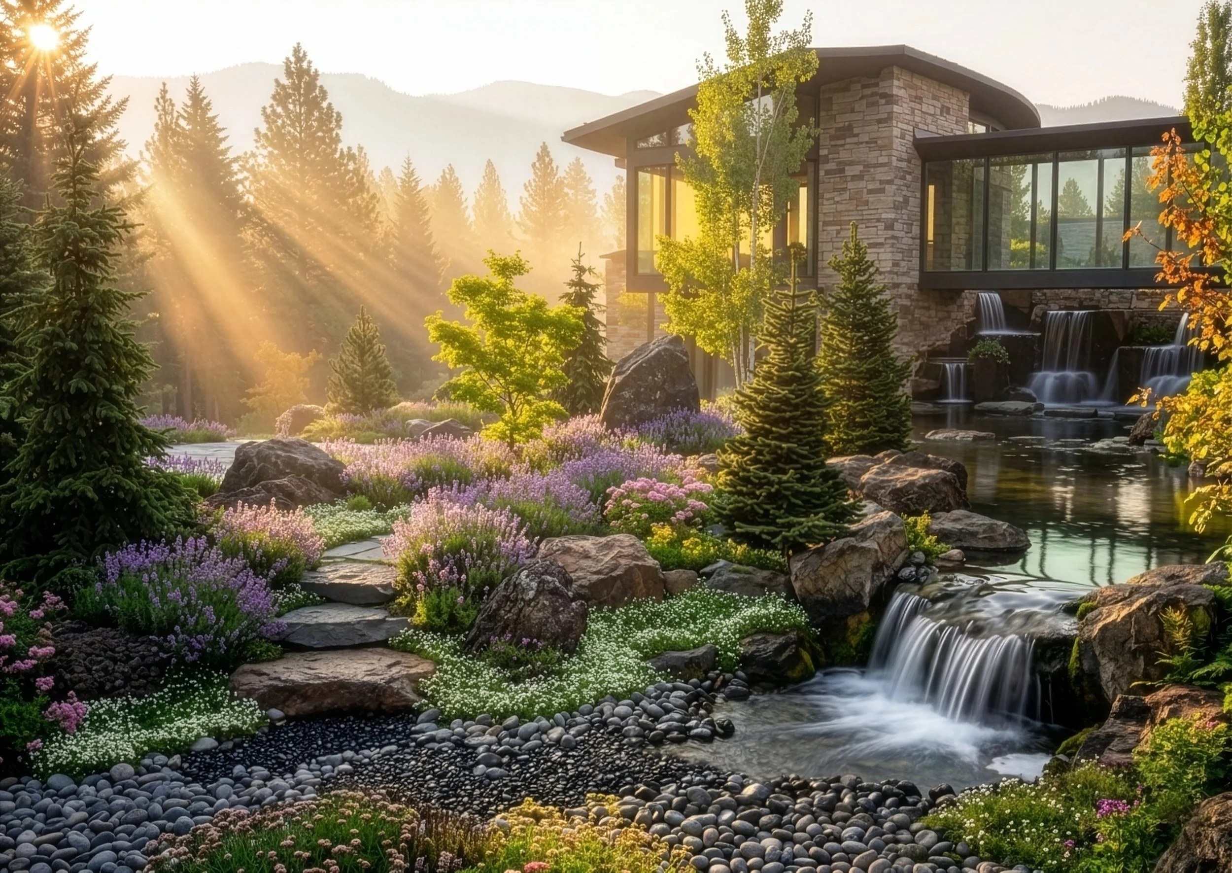Dark rock waterfall integrated with a mountain home. Coble and and boulder waterfeature with natural stone steps and pathway. Maple trees and evergreens in a mountain setting.
