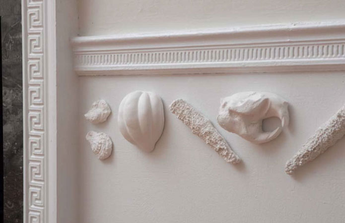 An artwork in the form of a panoramic, room-spanning frieze installed in the richly ornamented Glyndor House at Wave Hill for an exhibition commemorating the Hudson River Quadricentennial. In place of the usual Old World classical themes it substitu