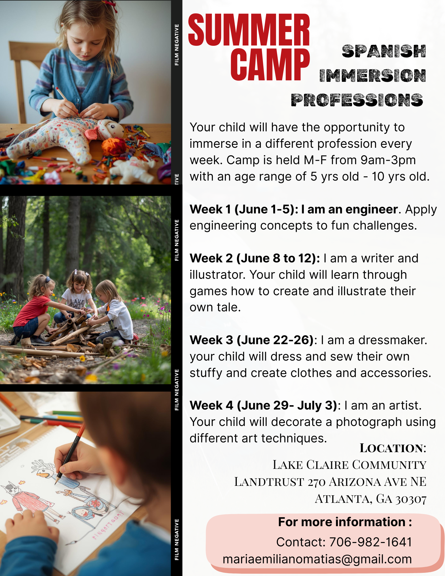     

 
   Summer Camp at the Lake Claire Community Land Trust  Maria’s Camp is coming to the LCCLT this summer. We're excited to host Maria and her Spanish Immersion Professions program on the dates below M-F from 9a-3p with an age range of 5 years