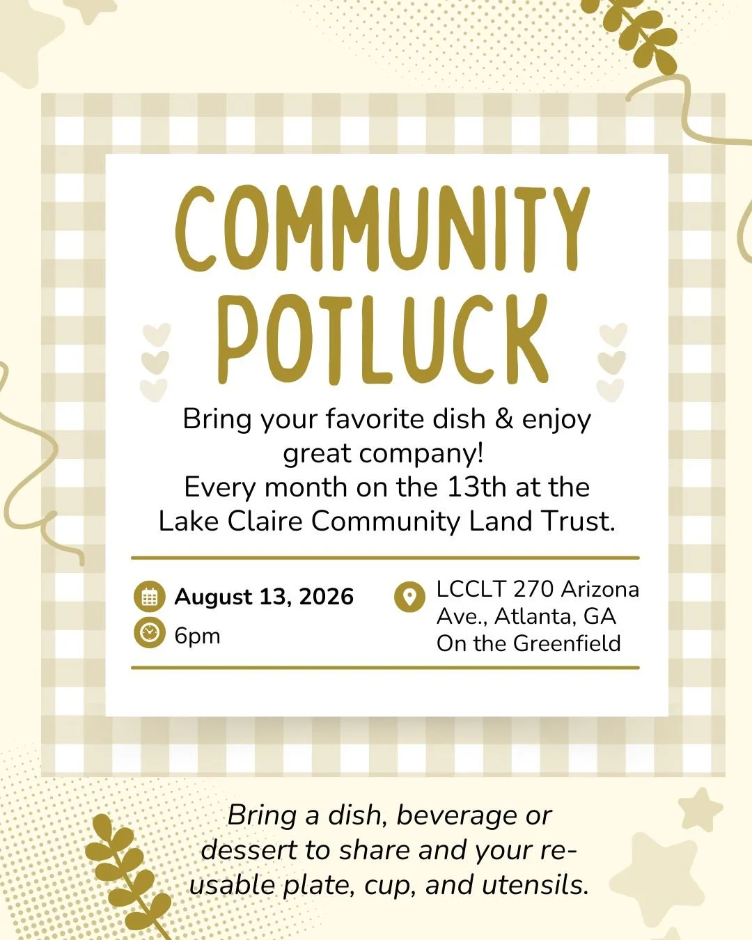 Monthly LCCLT Potluck on the 13th! 