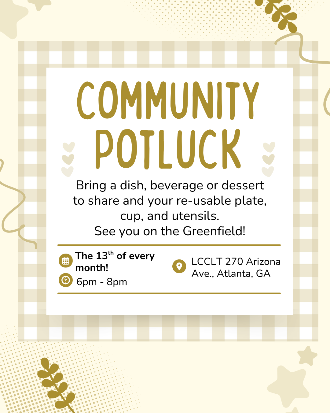 Monthly LCCLT Potluck on the 13th! 