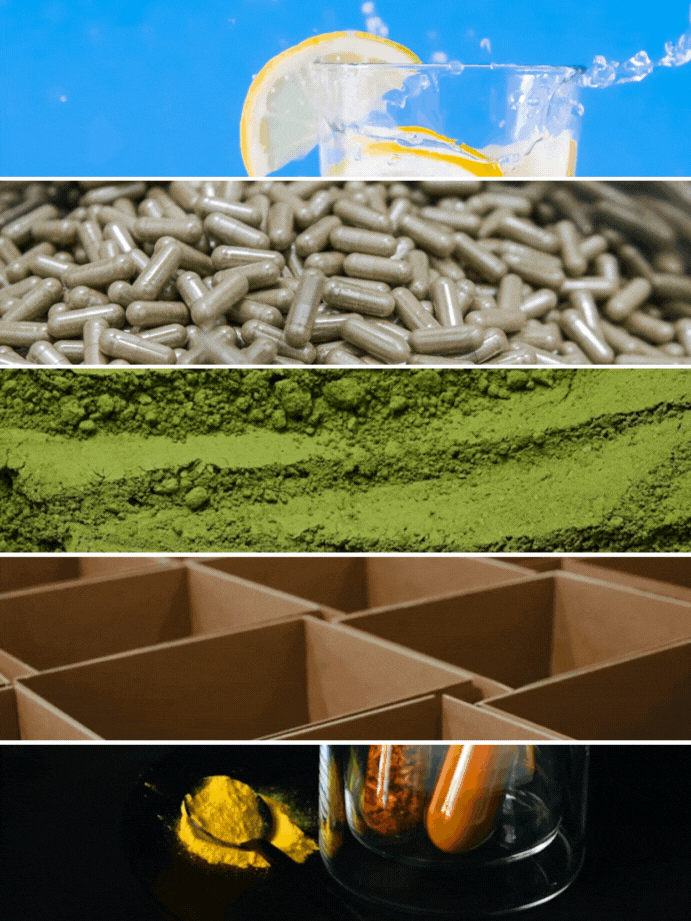 GIF with 5 images showcasing stick packing, capsule filling, powder manufacturing, powder co-packing, and custom formulation.