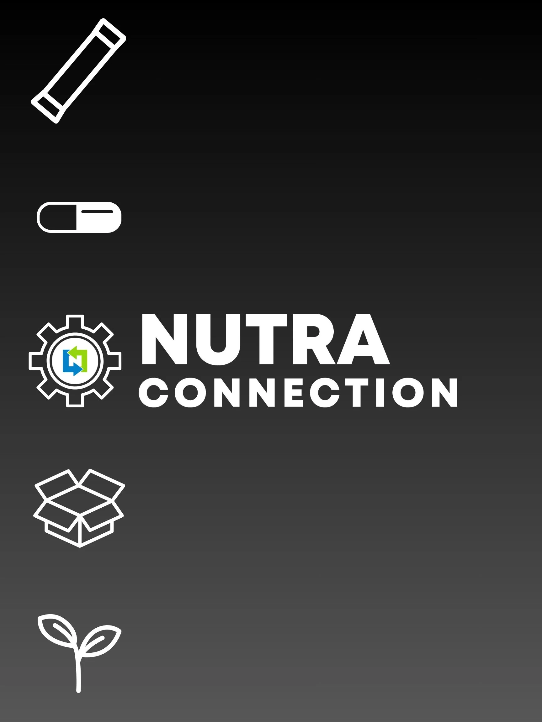 Logo of Nutra Connection with icons of a stick pack, capsule, manufacturing gear, a package, and a plant on a black gradient background.