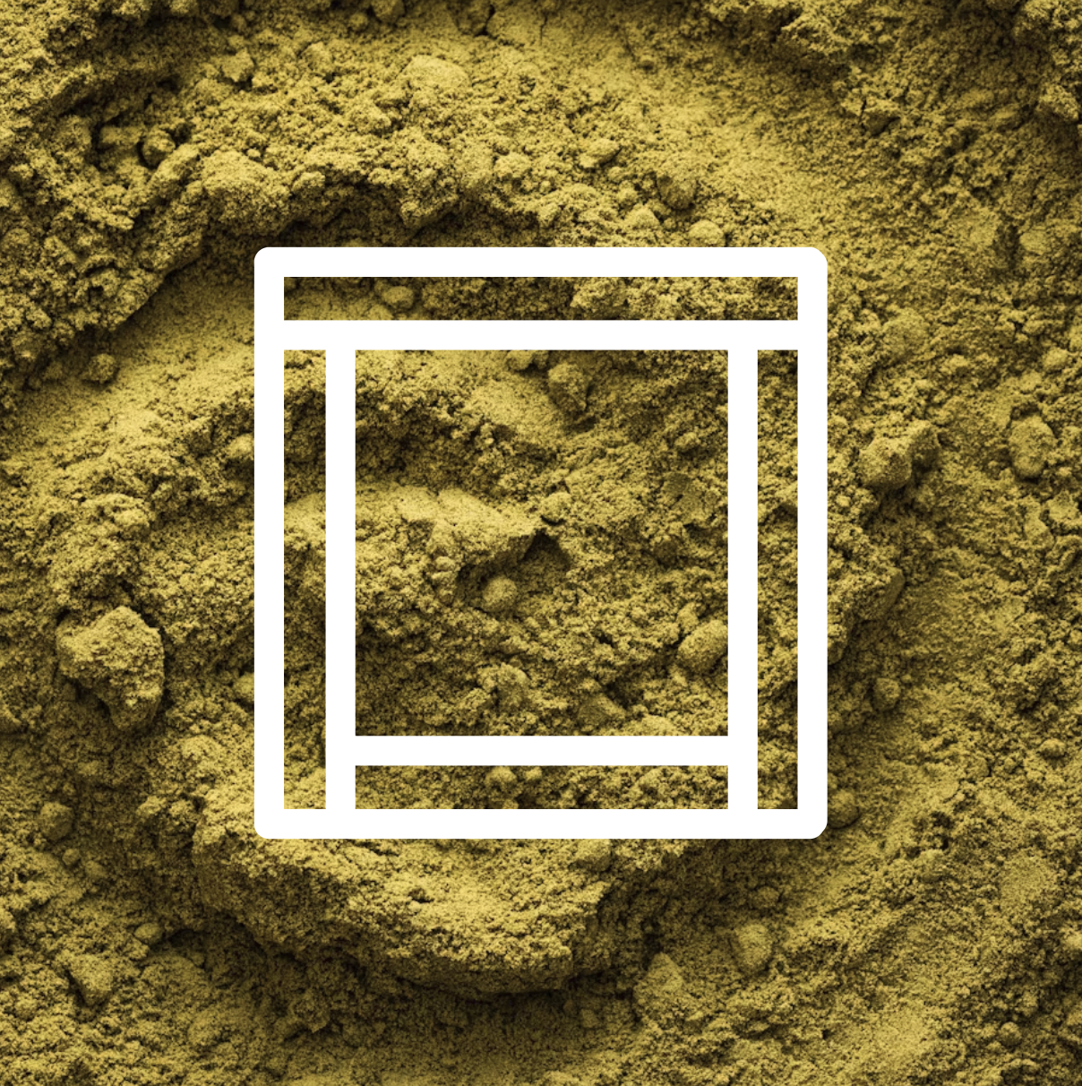 Icon of a sachet over an image of green powder.