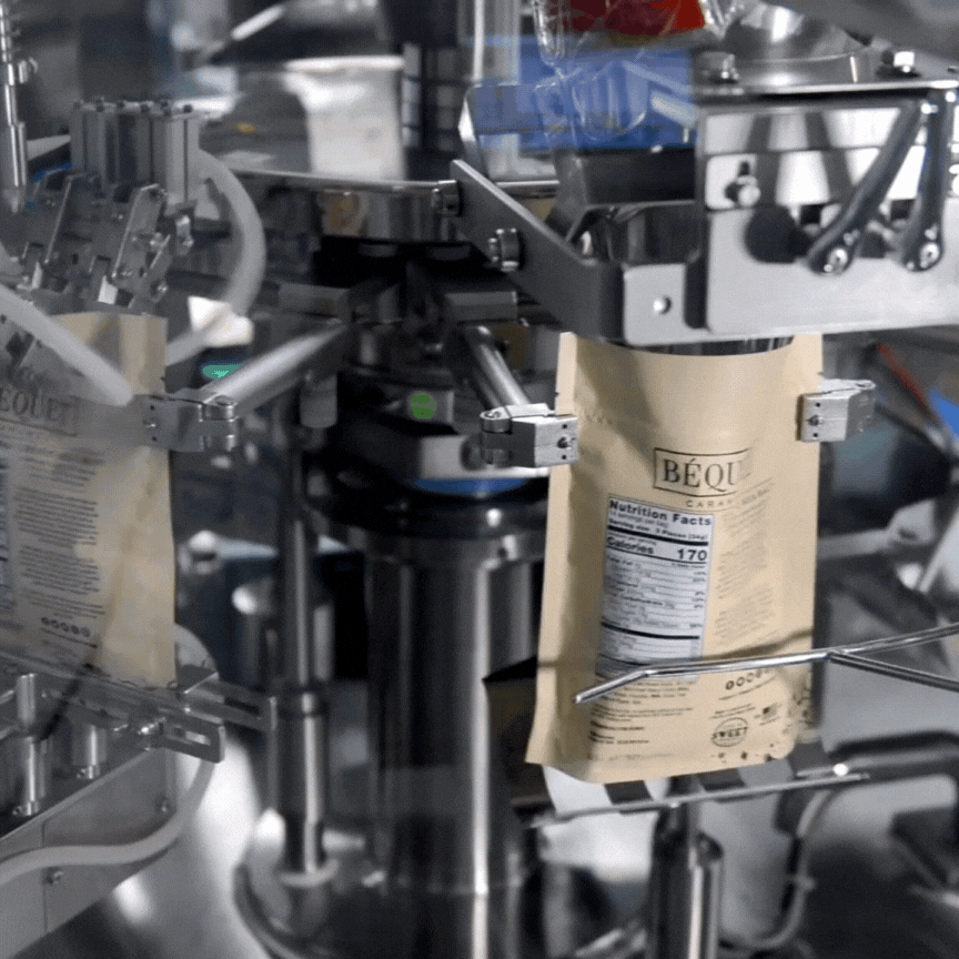 GIF of our high-speed rotary filler filling a bag with product.