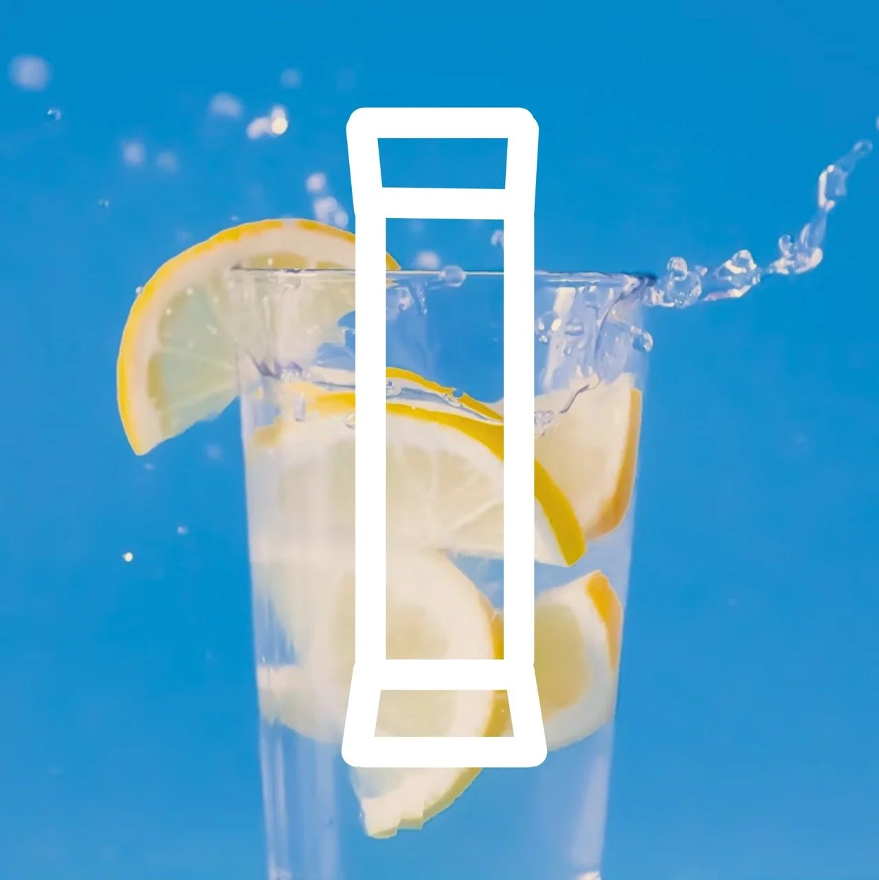 An icon of a stick pack over a picture of a glass of liquid with lemons.