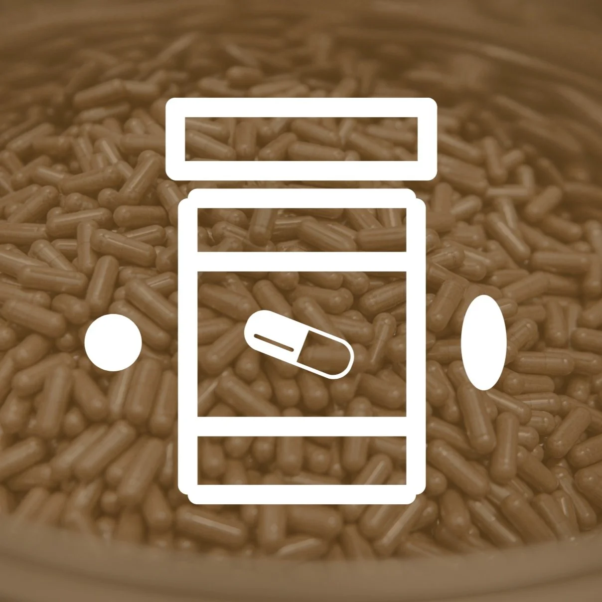 White icon of a bottle with capsules, tablets, and softgels sitting on a brown background of many capsules.