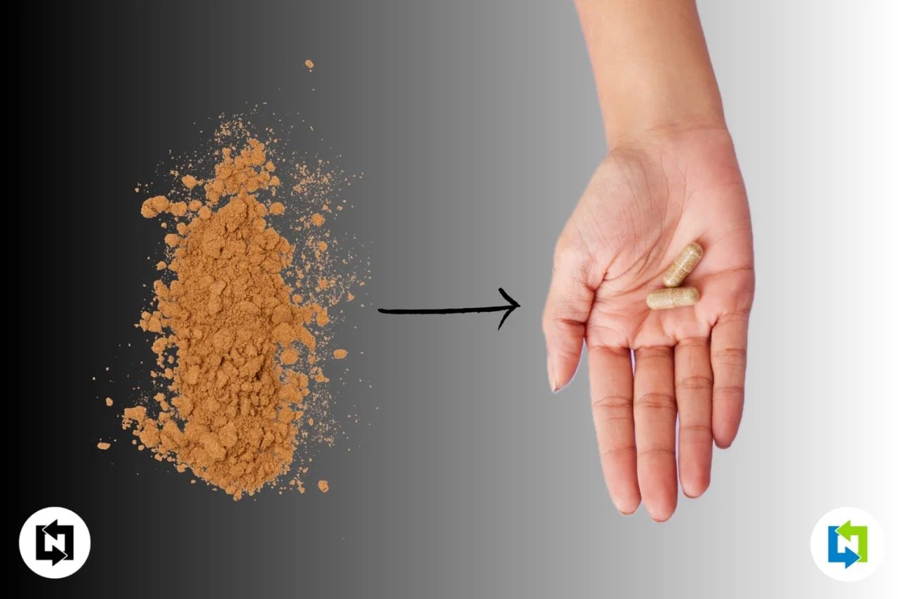 Image of basic powdered materials with an arrow pointing to an encapsulated supplement.