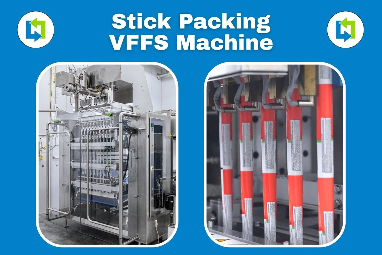 Nutra Connection's VFFS Machine with a closeup image of stick packs being manufactured.