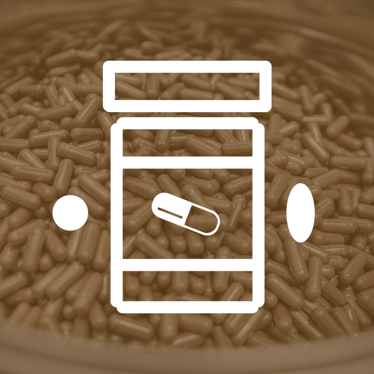 White icon of a bottle with capsules, tablets, and softgels sitting on a brown background of many capsules.