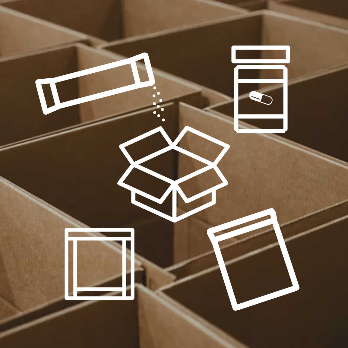 White icons of a stick pack, sachet, bag, capsule, bottle, and box over an image of brown boxes.