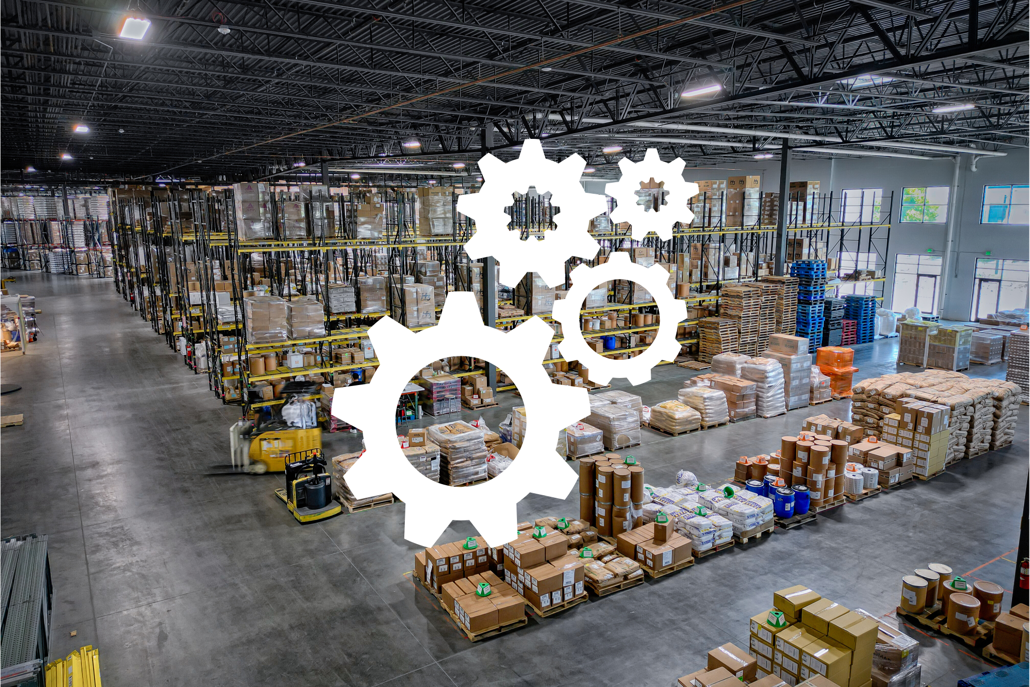 Nutra Connection Services Logo. Interior of a large warehouse with shelves filled with boxes, pallets, and bulk items; a forklift is moving goods.