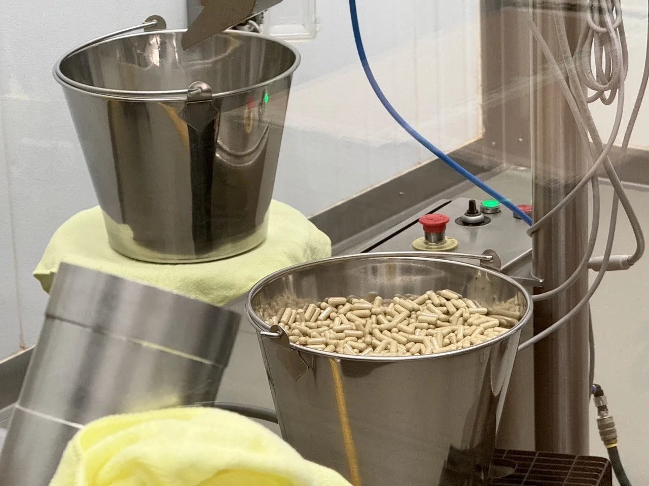 End of Nutra Connection's Encapsulation Process. Large container filled with polished capsules.