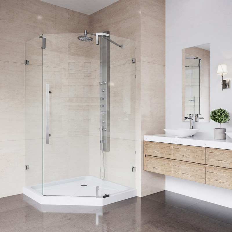  The space-saving convenience of a neo-angle shower combines with beautiful design to create the sleek and modern VIGO Ontario Frameless Neo-Angle Shower Enclosure.&nbsp;   