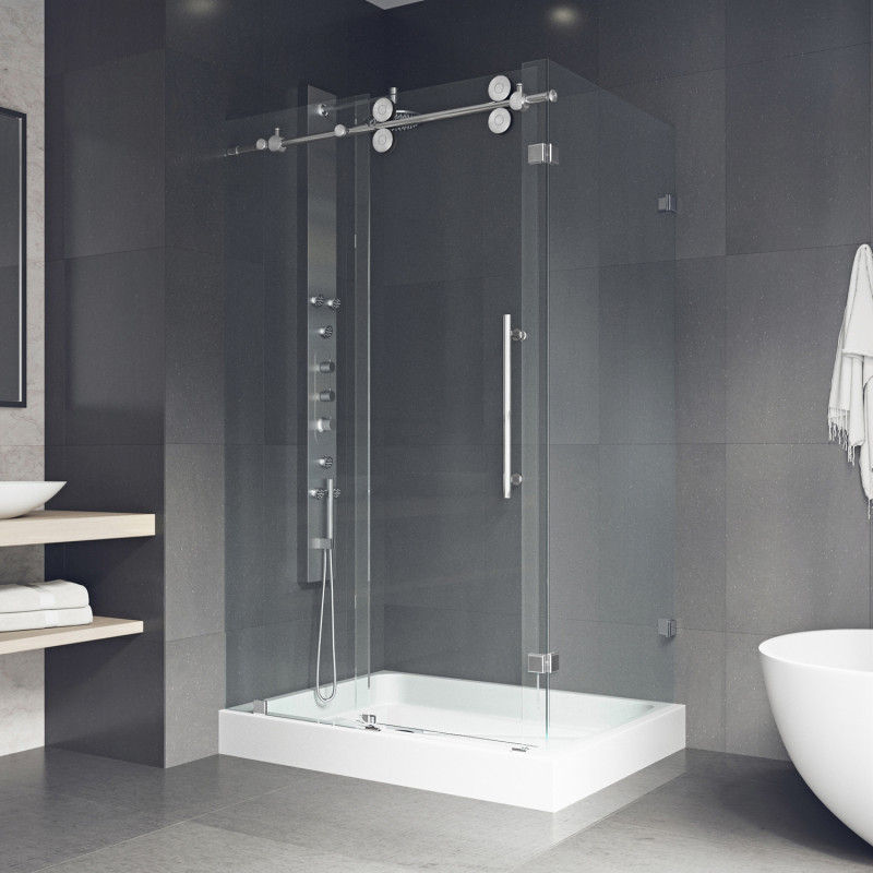  Bring modern streamlined style to your bathroom with the VIGO Winslow Frameless Sliding Door Shower Enclosure.&nbsp;   