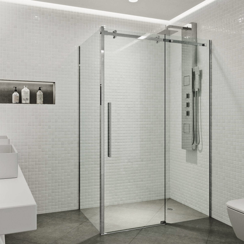  Create a sleek look in your bathroom with the VIGO Alameda Frameless Sliding Door Shower Enclosure.   