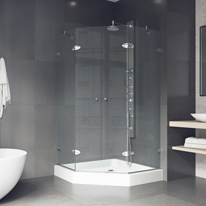  Easy access through central opening French doors makes the VIGO Gemini Frameless Neo-Angle Shower Enclosure a functional yet elegant statement piece in any modern bathroom.&nbsp;   