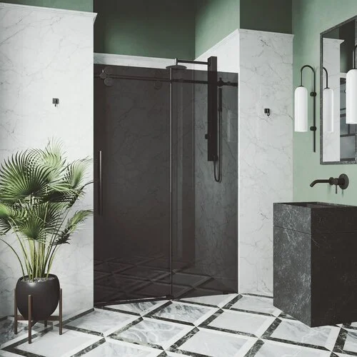 NEW GLASS SHOWER DOORS WITH BLACK GLASS AND GOLD HARDWARE