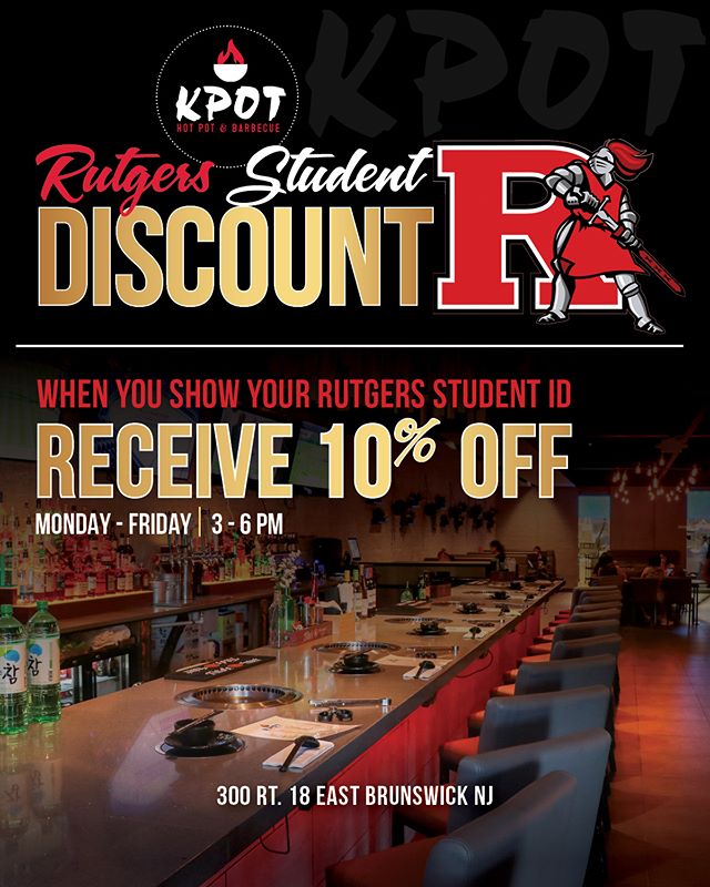 ***Hey @rutgersu​ Students***
School is back in session and were starting the semester off with this SPECIAL DEAL just for you!

Show your server your Student ID and receive 10% OFF Monday-Friday 3-6pm. (*cannot be combined with any other offer*) Tak